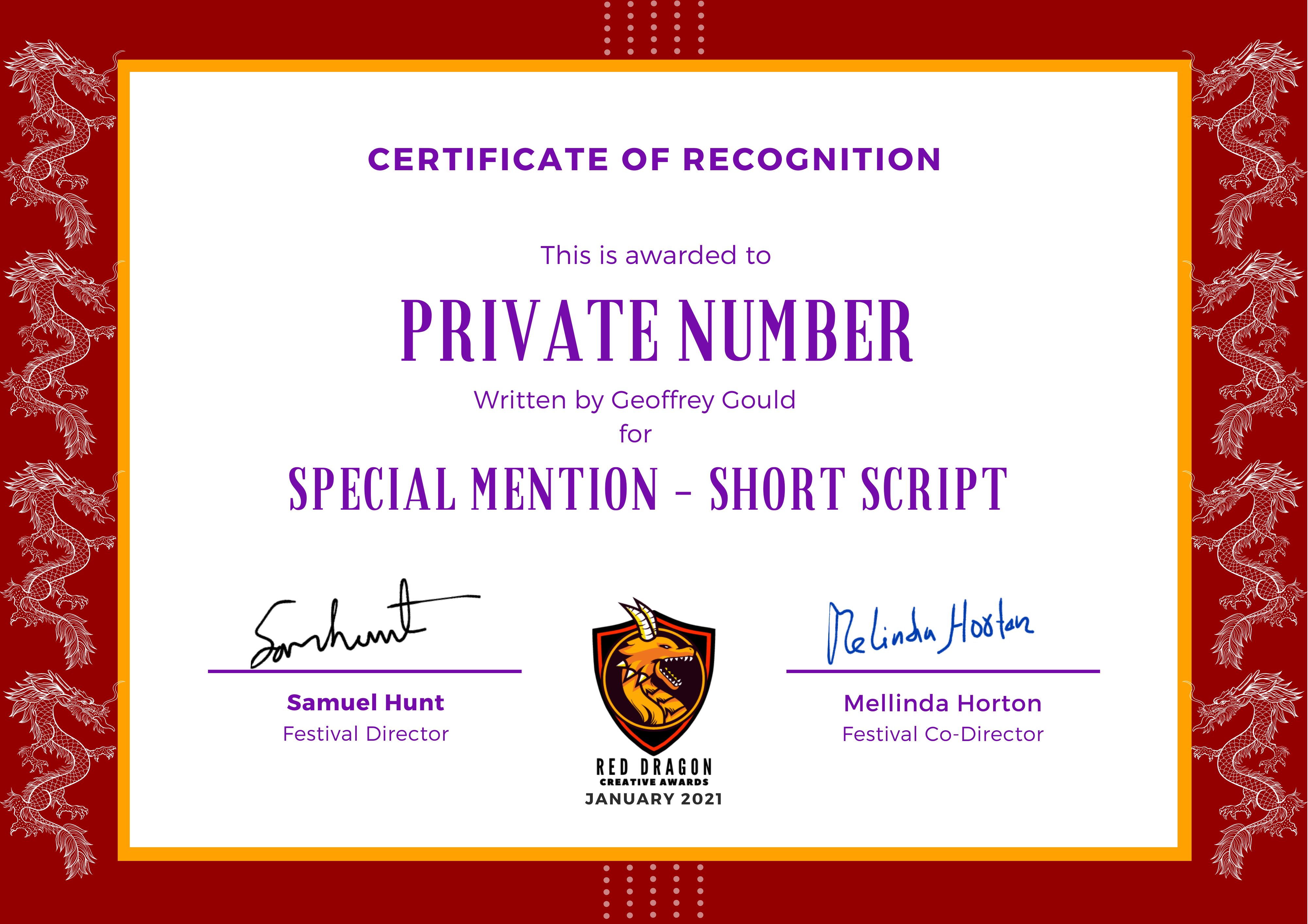 Private Number Special Mention Short Script