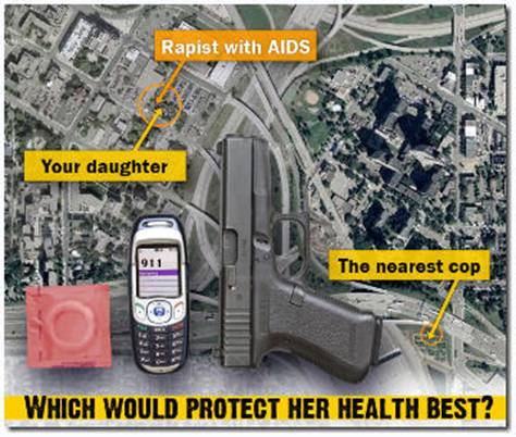 A rapist with AIDS targets your daughter and the nearest cop is miles away; would a condom, cell phone or a gun protect her health best?
